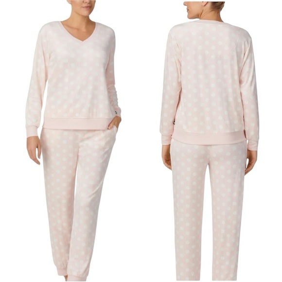 Kate Spade New York Stretch Velour Long Sleeve Joggers Set Pastry Pink Dot Sz XL - Picture 12 of 13